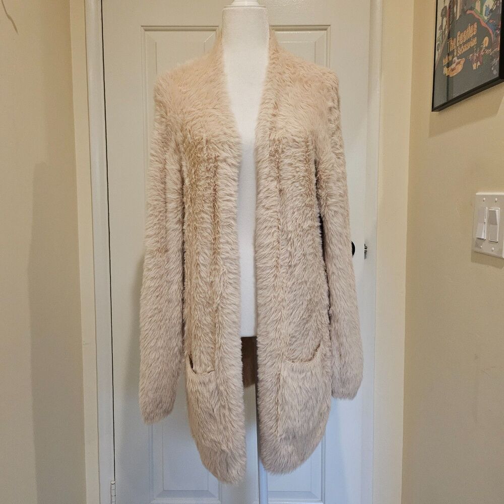Free People Oatmeal Fuzzy Faux Fur Open Cardigan W/Pockets Oversized M